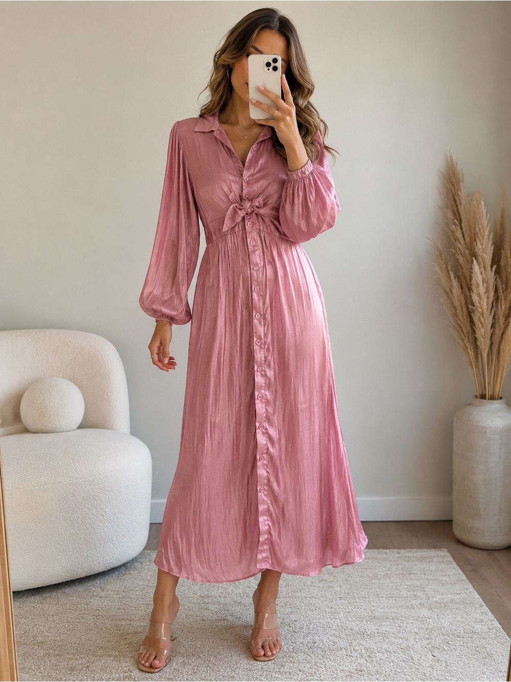 Luminary Fine Collection Pink Satin Tie Front Maxi Dress M/L